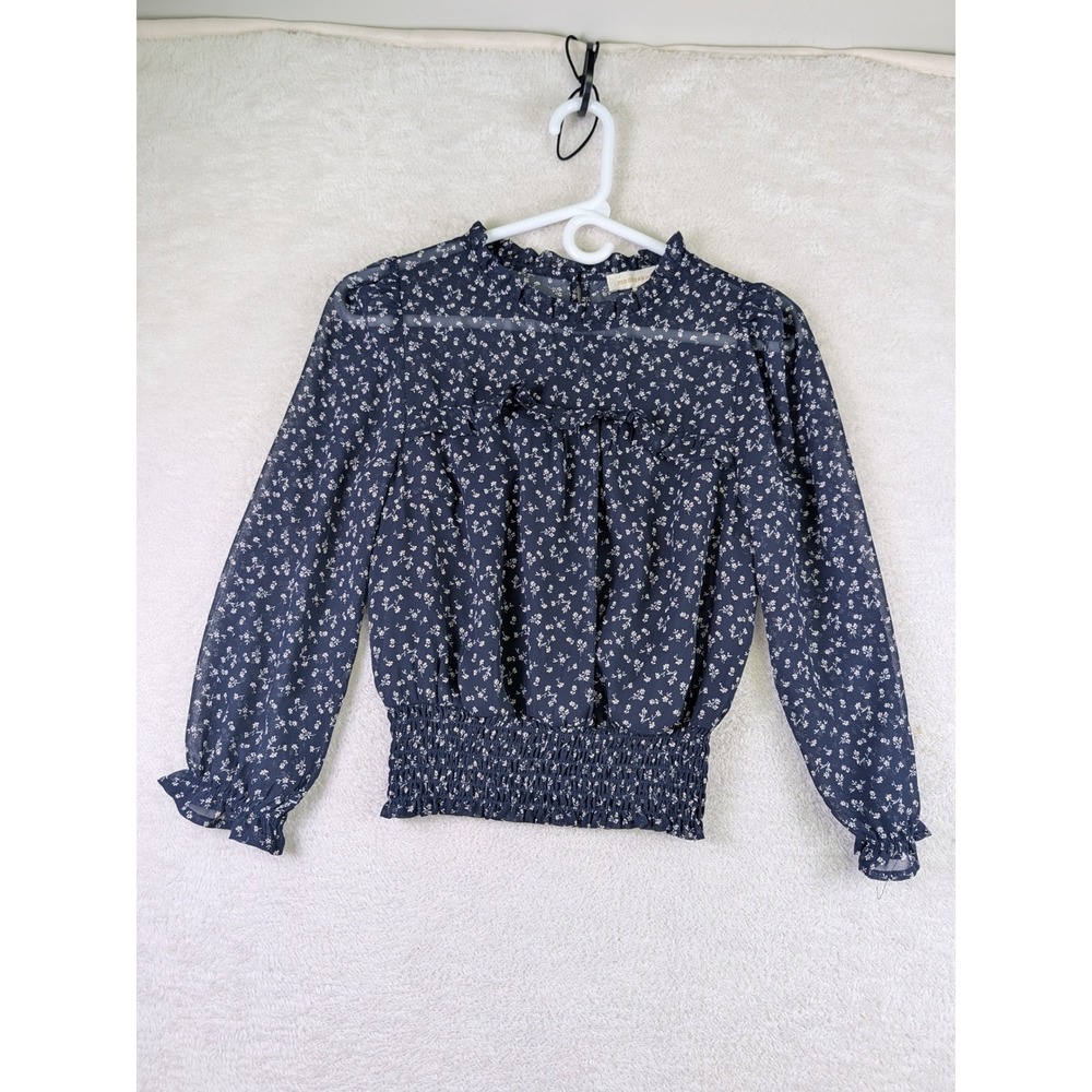 Monteau Los Angeles Navy Blue Floral Smocked Hem Ruffle Neck Blouse Size M